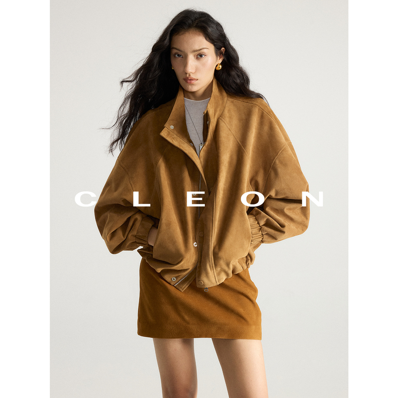 Cleon/Dual Version High-End Oil-Waxed Vintage Natural Grain Goat Leather & Suede Mixed Sheepskin Stand Collar Leather Jacket