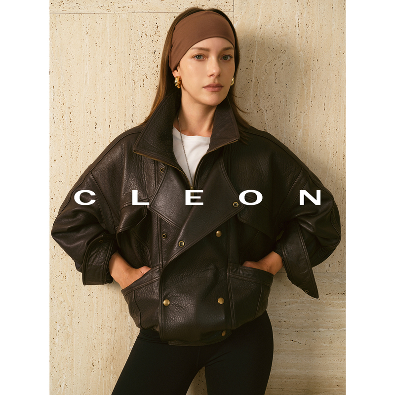 Cleon/Classic Continuation Leather Jacket Bomber Collar Motorcycle Jacket for Women Cleon/Classic Continuation Leather Jacket Bomber Collar Motorcycle Jacket for Women