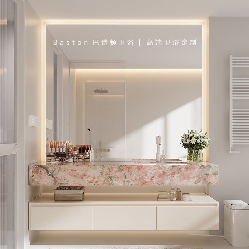 Pink Hotel-Style Slate Seamless Integrated Basin Bathroom Cabinet Set Modern Minimalist Bathroom Vanity Sink Cabinet