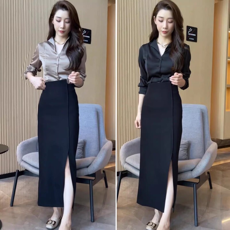 Fashionable Suit with Elegant High-End V-Neck Satin Shirt for Women, Long-Sleeved Top, Spring High-Waisted Slit Skirt Two-Piece Set