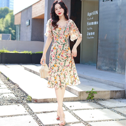 Платье, летняя шифоновая весенняя юбка, в цветочек