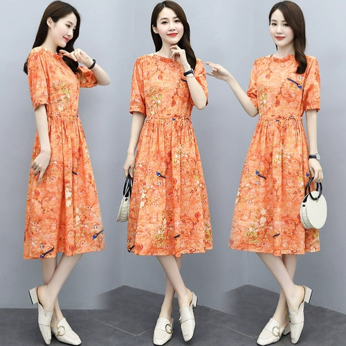 Летний длинный корсет, длинная юбка, тонкое платье с рукавами, из хлопка и льна, средней длины, 2020, свободный крой