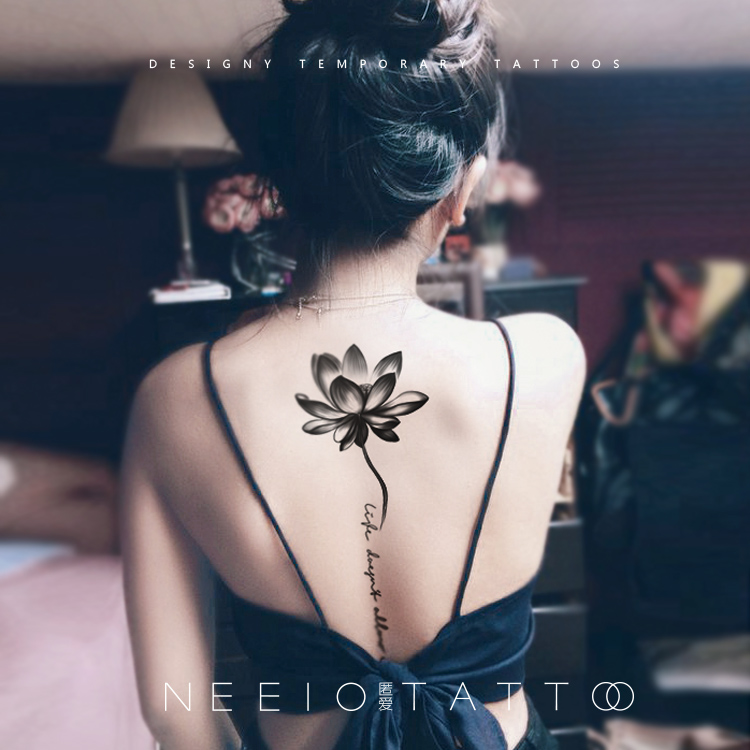 neeio tattoo adhesive ink lotus English ancient wind black lotus back ridge column big picture waterproof lasting woman