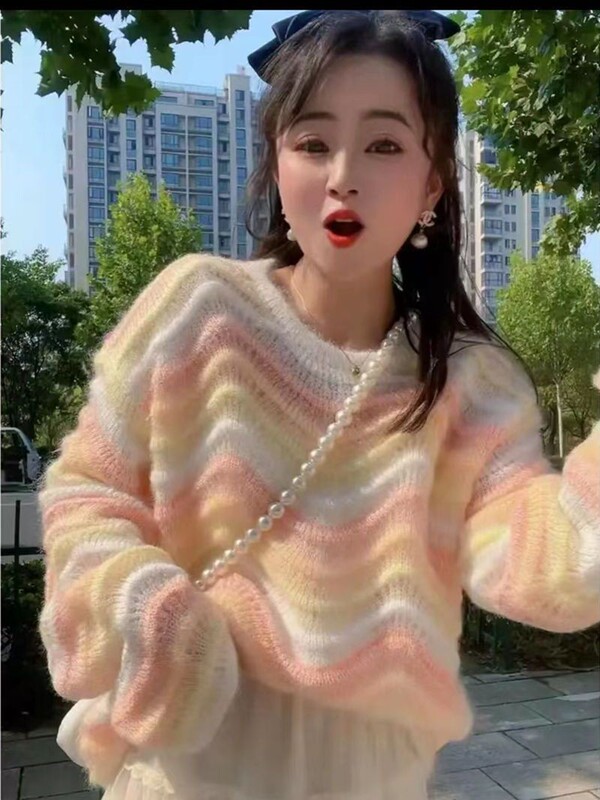 Rainbow Striped Sweater Jacket for Women, Autumn and Winter 2023 New Style, Loose Color-Blocked Mohair Knit Pullover Top