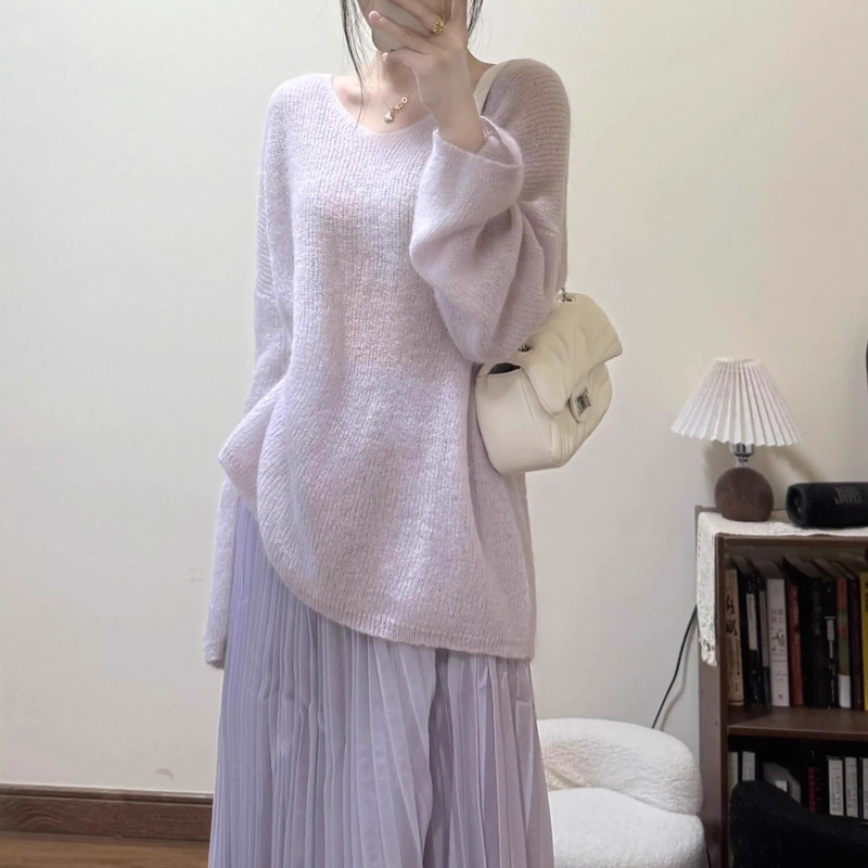 Mohair Korean-Style V-Neck Sweater for Women, Thin Spring and Autumn New Loose Knit Top, Lazy Sun-Protective Cover-Up, Soft Blouse