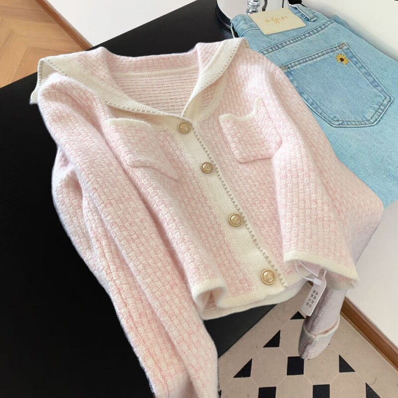Chic and Elegant Sailor-Collar Sweater for Women, New Autumn and Winter Style, Super Pretty and Sweet Knitted Cardigan, Spring Top