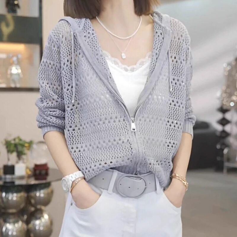 Designed with a Zipper and Hollow-Out Details, Long-Sleeve Hooded Knit Cardigan for Women, Summer Fashion Casual Hooded Spring and Autumn Thin Sweater