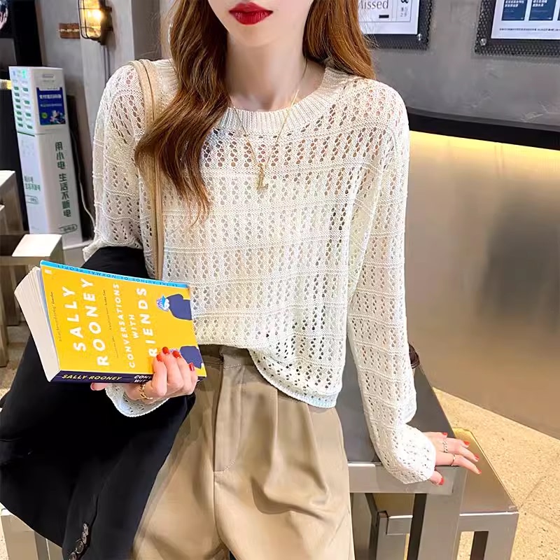Ice Silk Hollow-Out Knit Sweater for Women, New Summer Style, Loose Fit, Slimming, Outerwear Sweater, Thin Base Layer Blouse, Spring and Autumn Top