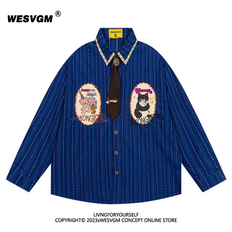 Wesvgm American Retro College Style Cartoon Embroidered Striped Long-Sleeve Shirt Unisex Trendy Loose Casual Shirt
