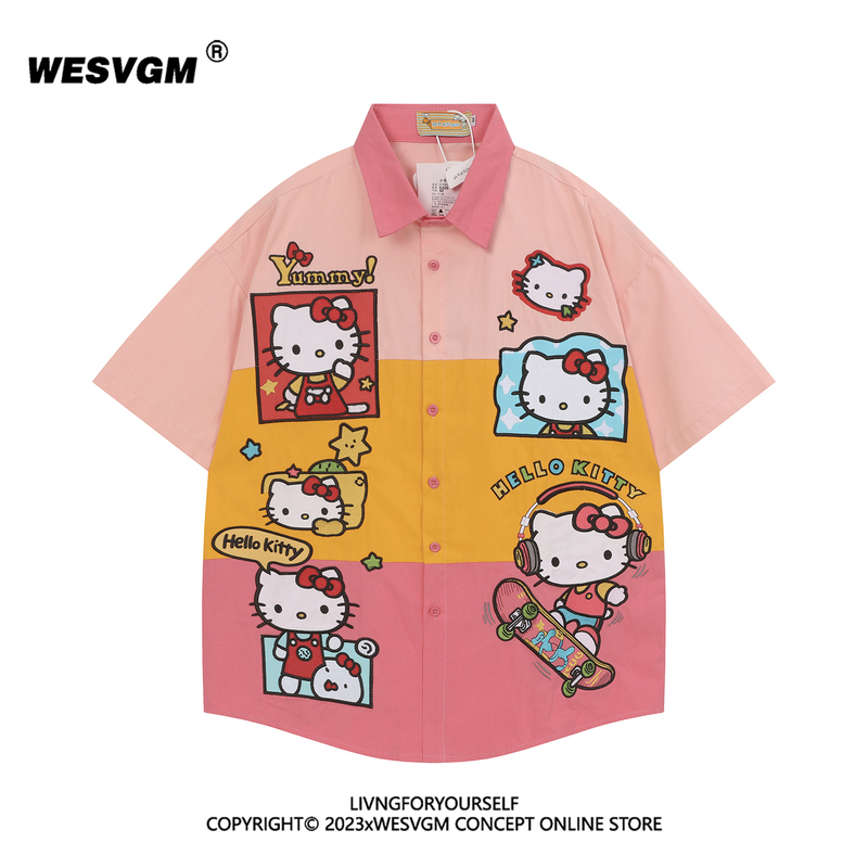 Wesvgm Summer Fun and Cute Cartoon Kt Cat Embroidered Color-Blocked Short-Sleeved Shirt for Women, Loose Design Trendy Top