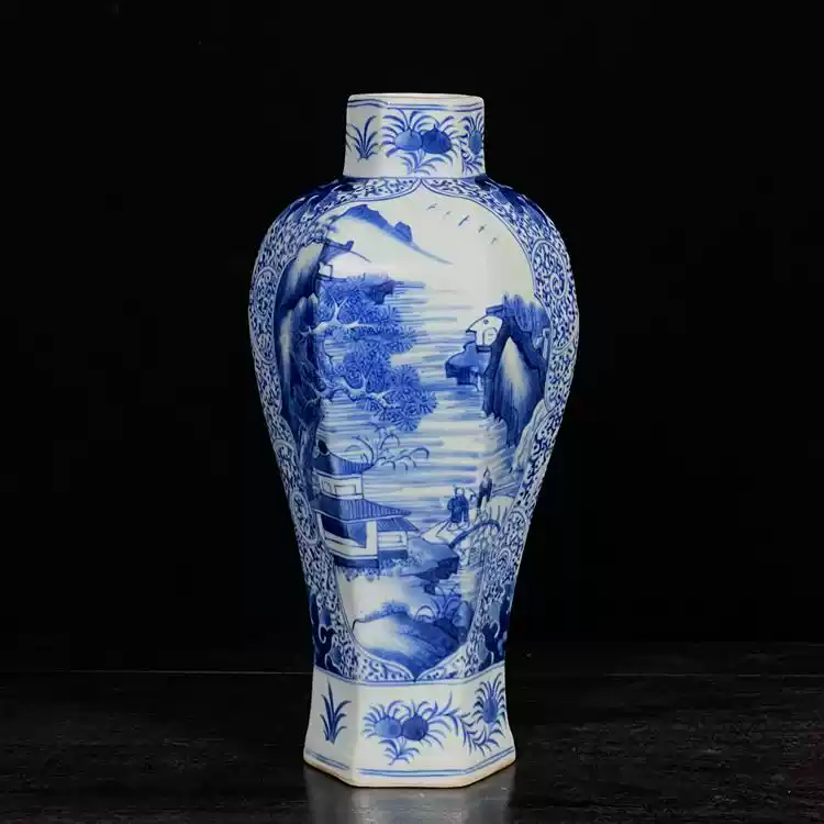 中国 景徳鎮製 青花 山水楼閣文瓶 花瓶 在銘 V 9576 中国