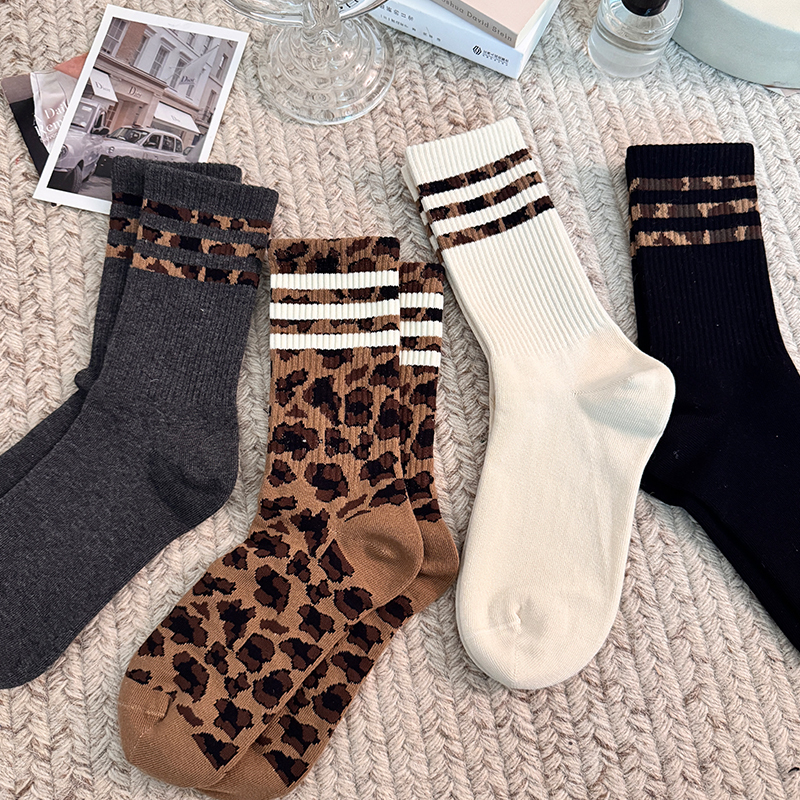Khaki Leopard Print Socks for Women, Autumn and Winter, Pure Cotton, Paired with Shark Leggings, Women's Three-Stripe Mid-Calf Socks, Korean Style ins Trendy