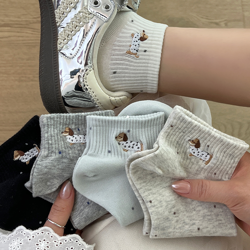 Dachshund Dog Socks for Women, Summer Thin Polka Dot Breathable Short Socks, Cartoon Cute Ladies Korean Style ins Short Cotton Socks
