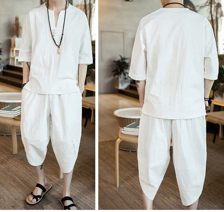 Trung quốc phong cách nút T-Shirt ngắn tay phù hợp với thiền phù hợp với bông linen linen mỏng phong cách Trung Quốc phong cách cổ xưa Tang phù hợp với nam giới quần áo