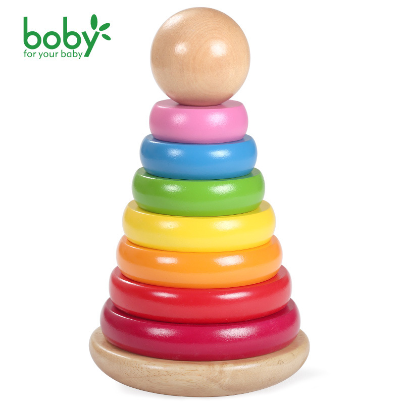 Large rainbow tower stacking circle wooden boby1-2-3-year-old children early education puzzle tumbler stacking tower