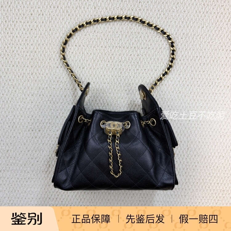 Chanel 25Bag Mini Black Gold Hobo Lychee Pattern Handbag Shoulder Chain Bag with Third-Party Inspection and Authentication