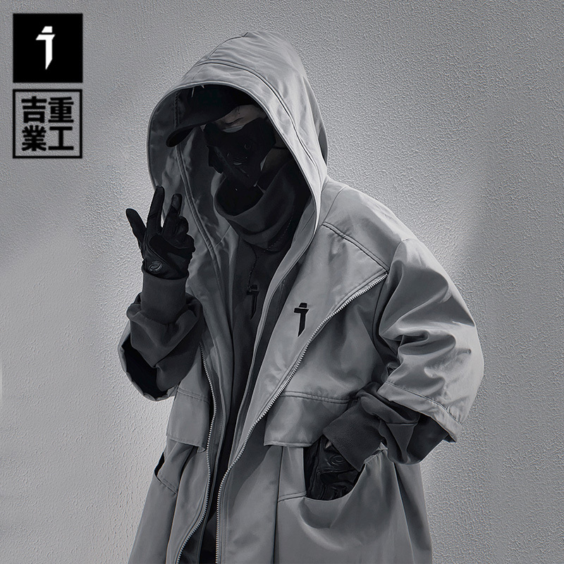 Jiye Heavy Industries Trendy Brand Magic Academy Mid-Sleeve Trench Coat for Men and Women, Loose Functional Style Mid-Length Hooded Jacket for Couples