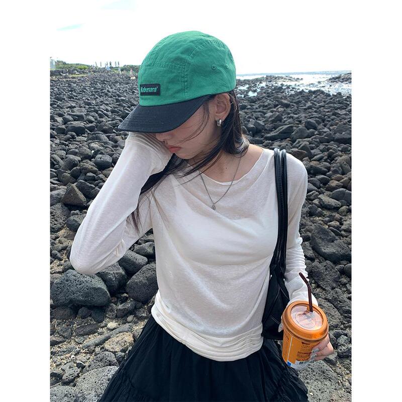 Ins Korean Style Lazy Autumn New Pleated Slim-Fit Versatile Round-Neck Long-Sleeve T-Shirt Top in Solid Color Trendy Ins Korean Style Lazy Autumn New Pleated Slim-Fit Versatile Round-Neck Long-Sleeve T-Shirt Top in Solid Color Trendy