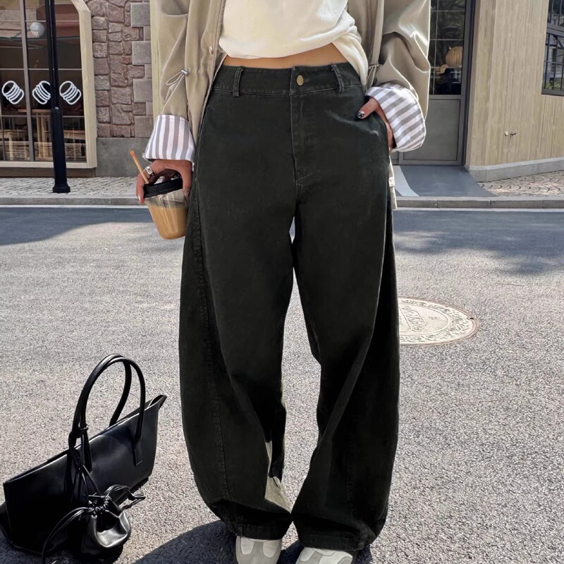 Ins American Retro Washed Vintage High-End Feel Curved Pants for Women, Loose Fit, Versatile Casual Straight-Cut, No Tags