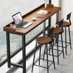 Solid Wood Bar Table Against the Wall, Narrow Table for Home Balcony, Long Table for Milk Tea Shop, Bar High Table and Chair Set for Commercial Use