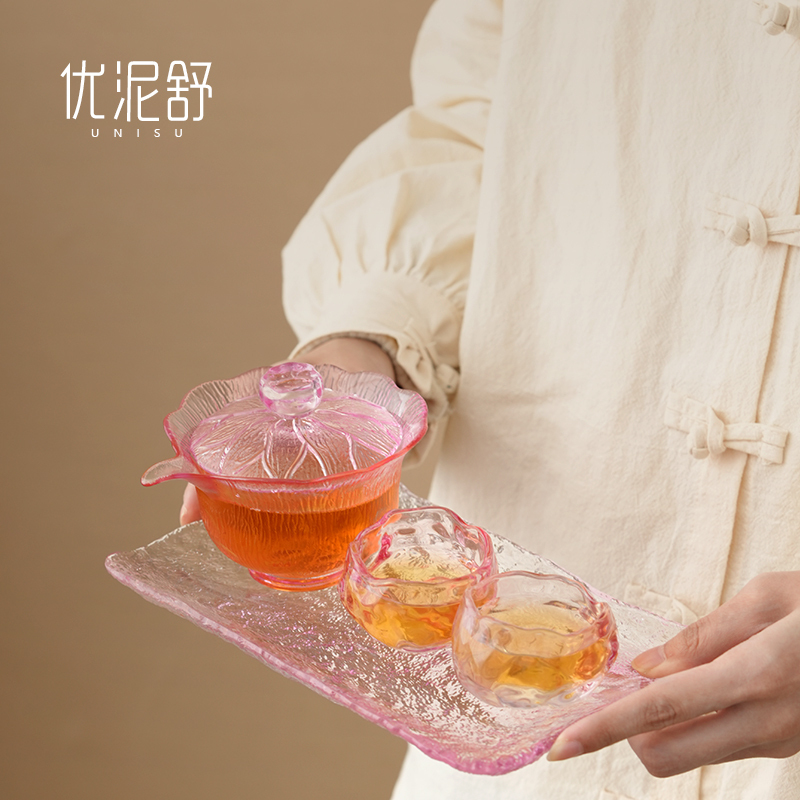 Ice Dew Pink Lotus Leaf Glass Lidded Bowl for Women, Non-Hot to the Touch, Single Anti-Scalding Kung Fu Tea Set, High-End Hand-Held Teapot Set Ice Dew Pink Lotus Leaf Glass Lidded Bowl for Women, Non-Hot to the Touch, Single Anti-Scalding Kung Fu Tea Set, High-End Hand-Held Teapot Set