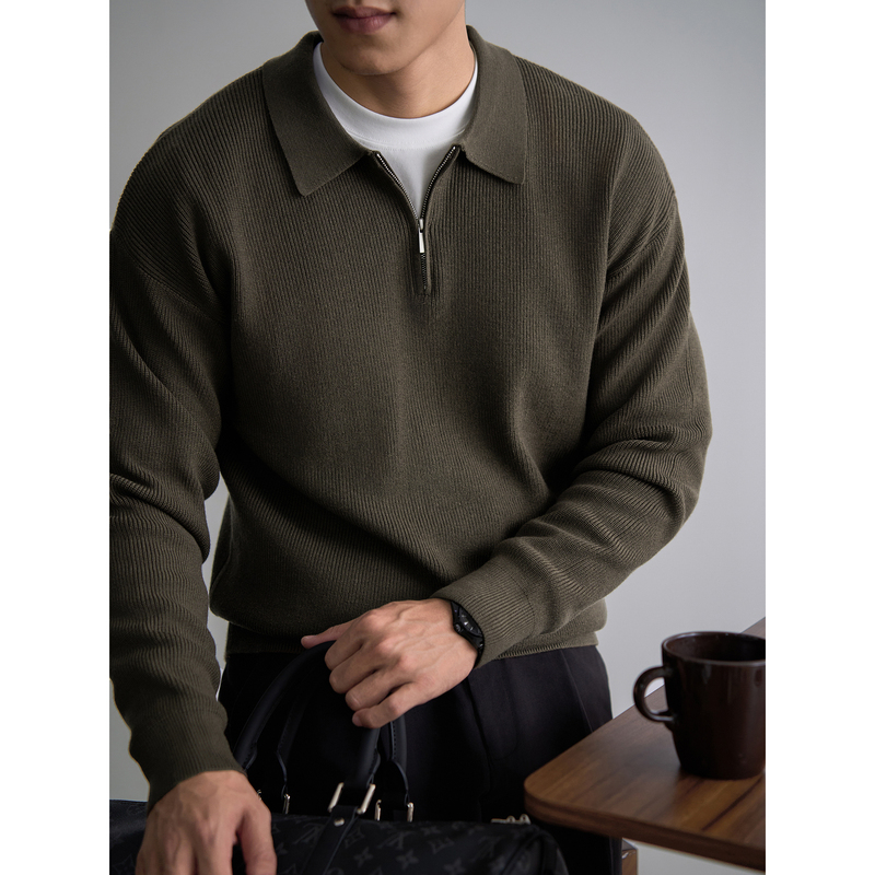 Autumn and Winter Style Lapel Half-Zip Sweater for Men, Long-Sleeved Casual Business Slim-Fit Polo Knitwear, Sweater for Layering