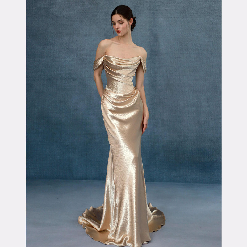 Alice Champagne Gold Fishtail High-End Banquet Evening Dress Bride Wedding Morning Gown Toast Dress Engagement Dress Skirt Alice Champagne Gold Fishtail High-End Banquet Evening Dress Bride Wedding Morning Gown Toast Dress Engagement Dress Skirt