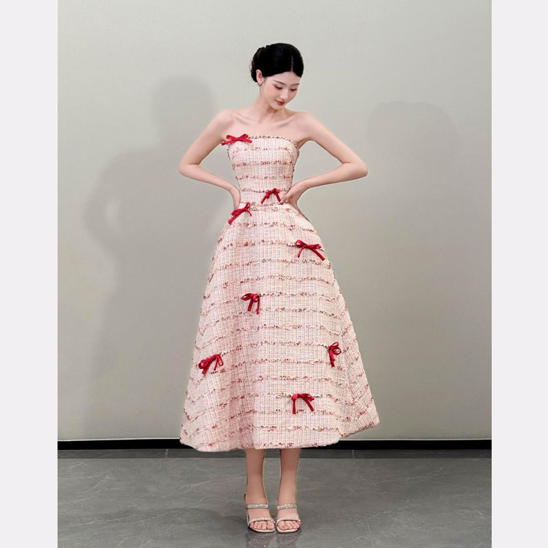 Pink Chanel-Style Engagement Toast Dress, Princess Sweet Banquet Birthday Evening Dress, Petite Adult Ceremony Dress Pink Chanel-Style Engagement Toast Dress, Princess Sweet Banquet Birthday Evening Dress, Petite Adult Ceremony Dress