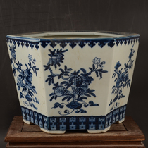 Jingdezhen ceramic blue and white fruit pattern hexagonal flower pot potted plant antique antique old goods ceramic boutique ornaments porcelain