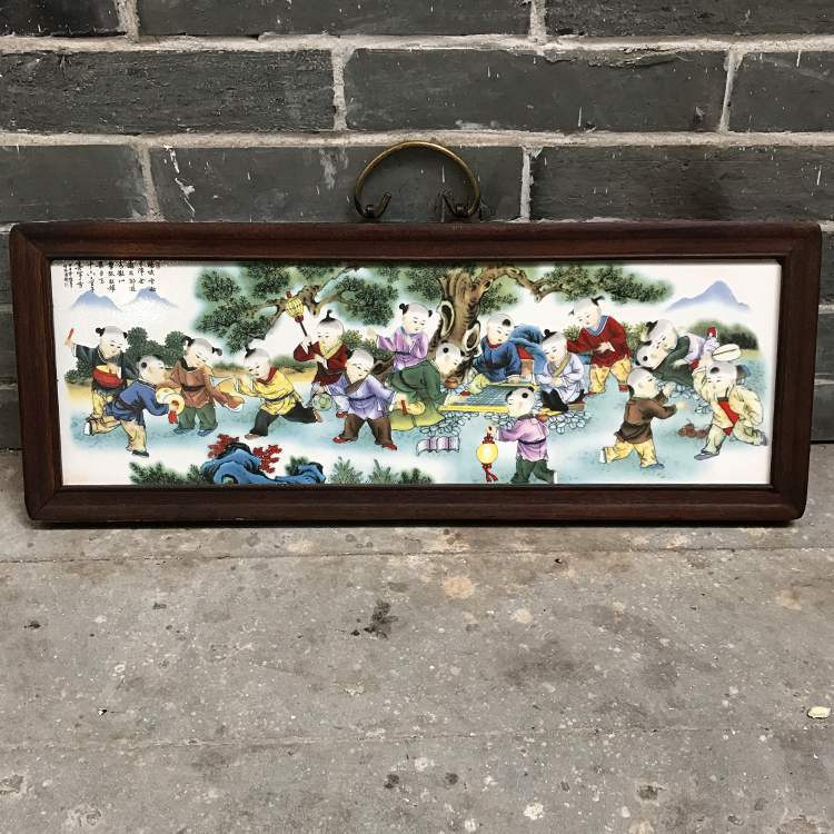 Antique Antique Jingdezhen ceramic plate painting Antique old living room decoration painting Hanging screen painting Boy frolic