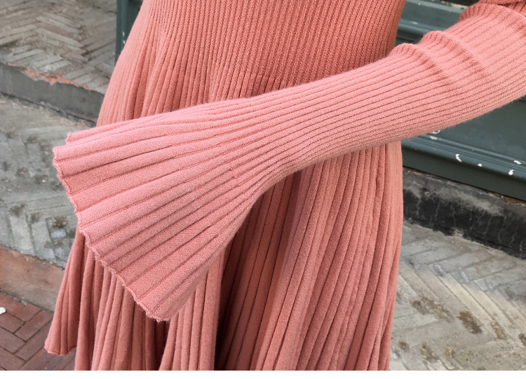 VK旗艦店 韓系淑女氣質針織喇叭袖修身復古長袖洋裝