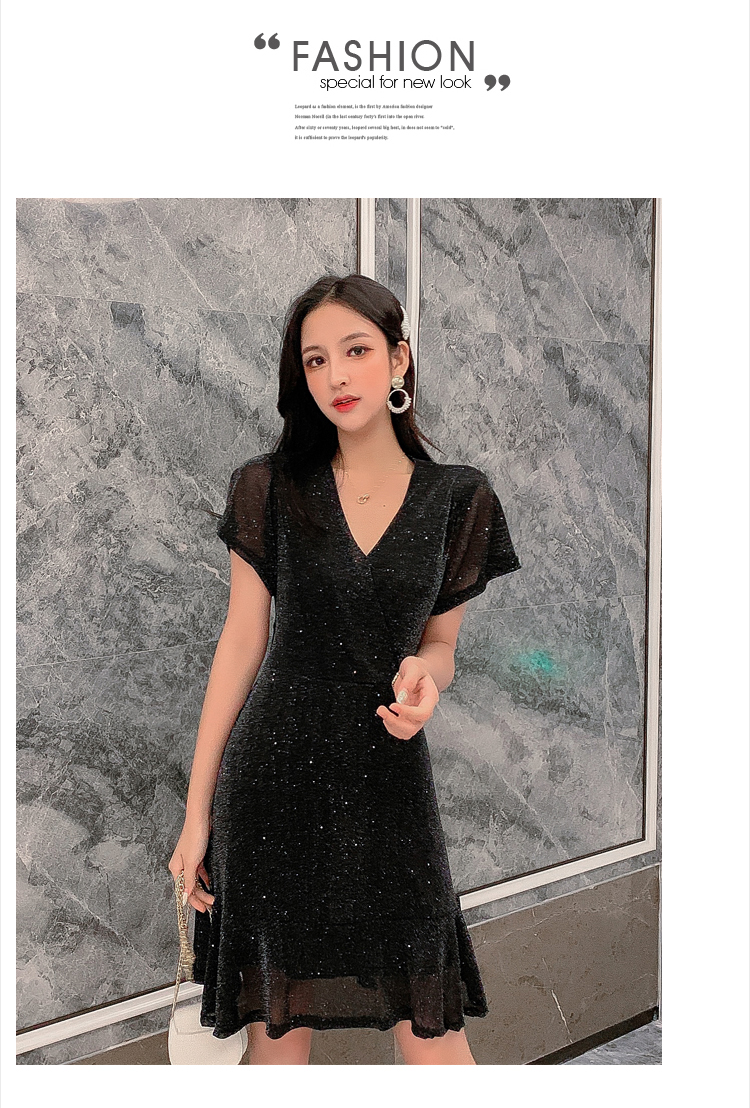 VK旗艦店 韓系亮絲V領后背露腰收腰顯瘦氣質短袖洋裝