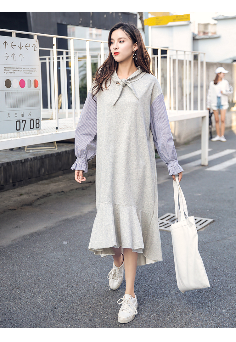 VK旗艦店 韓國學院風寬鬆休閒荷葉袖魚尾裙長袖洋裝