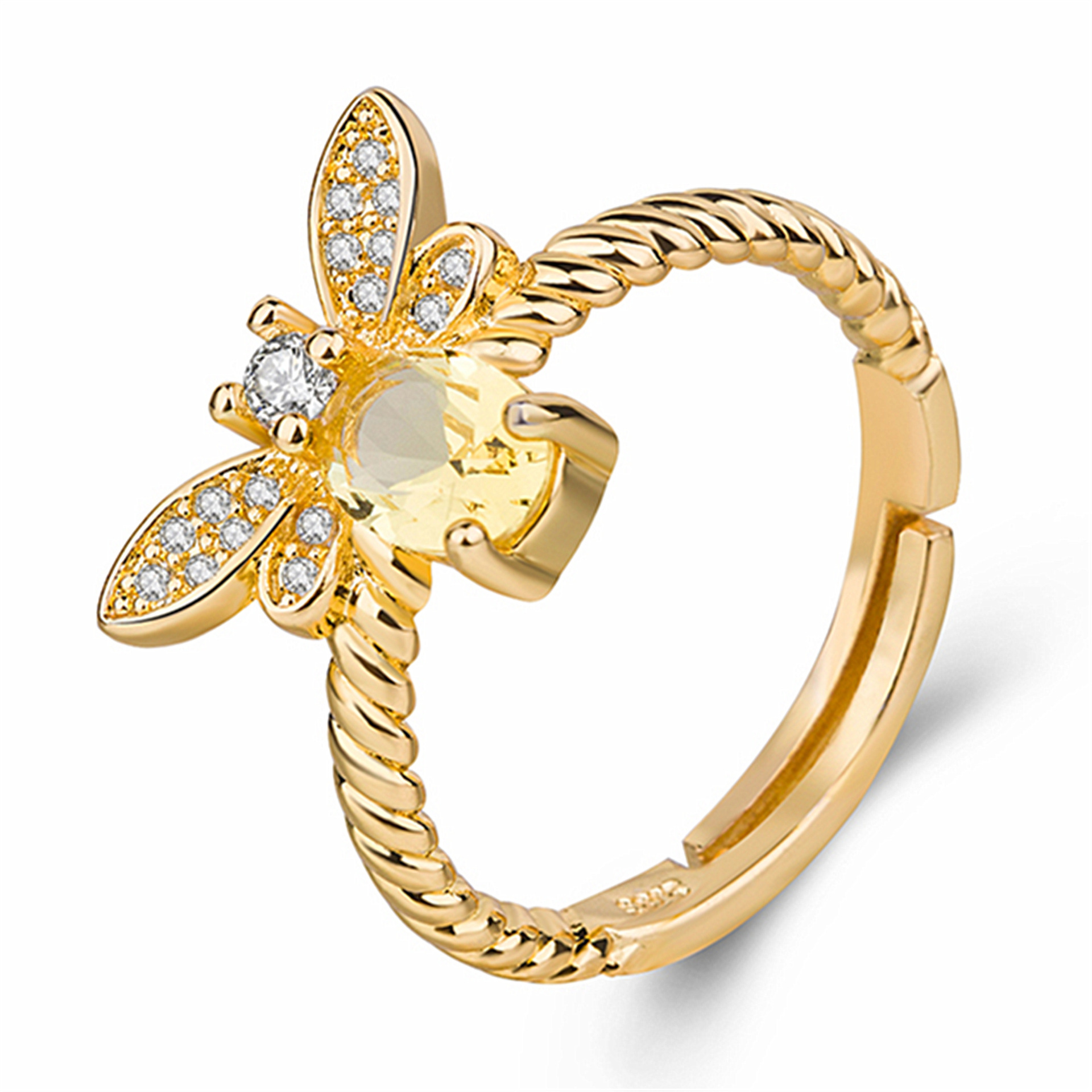 wish cross-border stock source silver color jewel ring natural yellow crystal plated gold small bee animal fashion 100 lap clothing