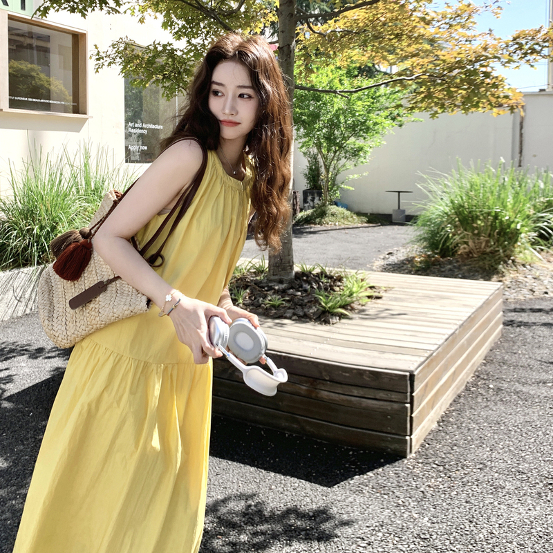 French-Style Gentle Yellow Sleeveless Patchwork Dress for Women, 2026 Summer Fashion Casual Loose Slimming A-Line Long Dress