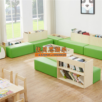 Kindergarten childrens solid wood bookcase sofa combination library baby reading small sofa picture book shelf bookshelf cabinet