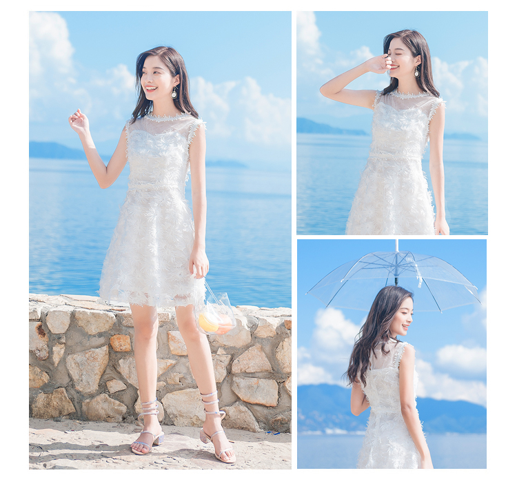 VK旗艦店 韓國風修身顯瘦蕾絲網紗花邊背心無袖洋裝