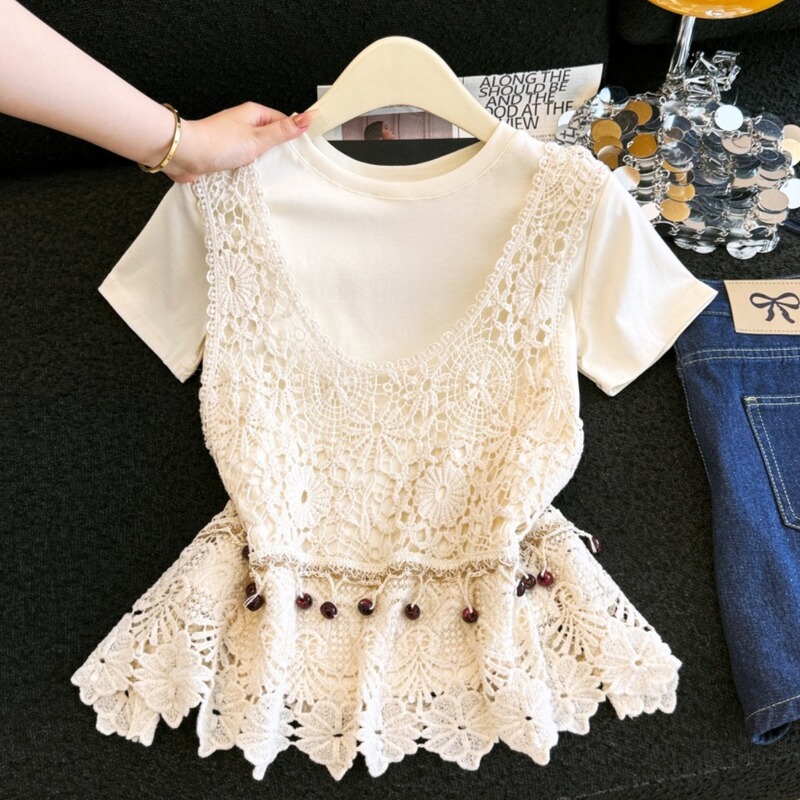Highly Recommended! Bohemian Short-Sleeve T-Shirt Two-Piece Set for Women, Summer Lace Crochet Hollow-Out Vest