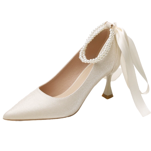 Белые свадебные туфли с заостренным носом с бантиком на высоком каблуке, изысканный стиль