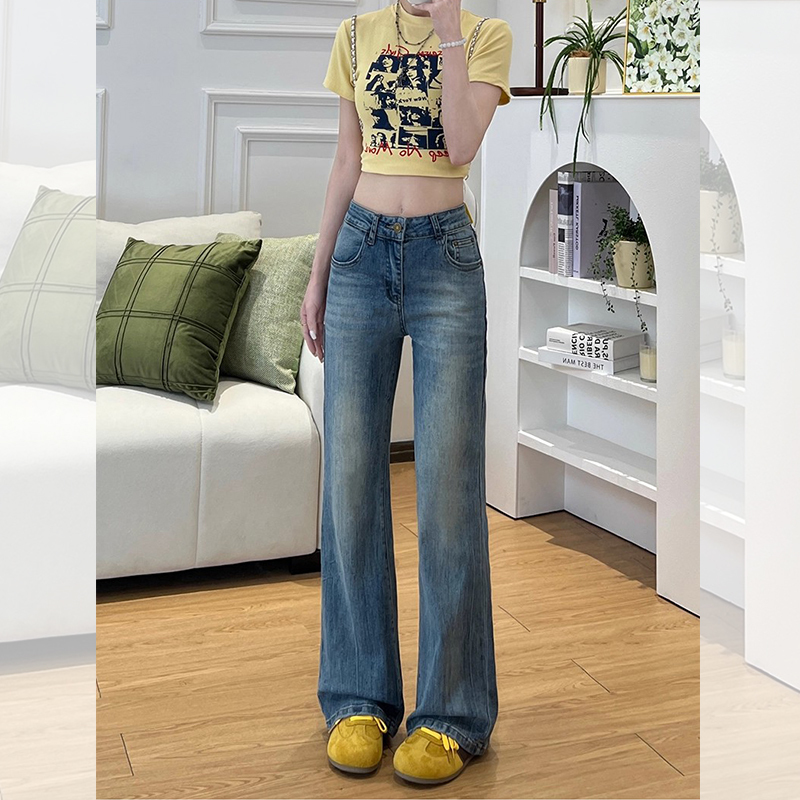 Sweet Girl 1.5m Petite 2026 New Slimming Versatile Washed Women's Distressed Casual Mid-Waist Straight-Leg Jeans