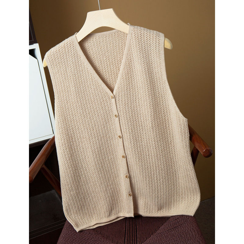 Silk and Cashmere Knit Vest Cardigan for Women, Versatile Layered V-Neck Hollow-Out Silk Vest, Outerwear