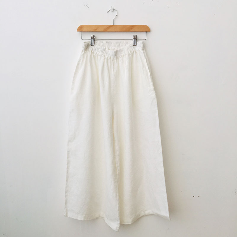 Simple trousers women's linen flared cropped pants pocket wide-leg pants commuting solid color mother pants elastic waist white