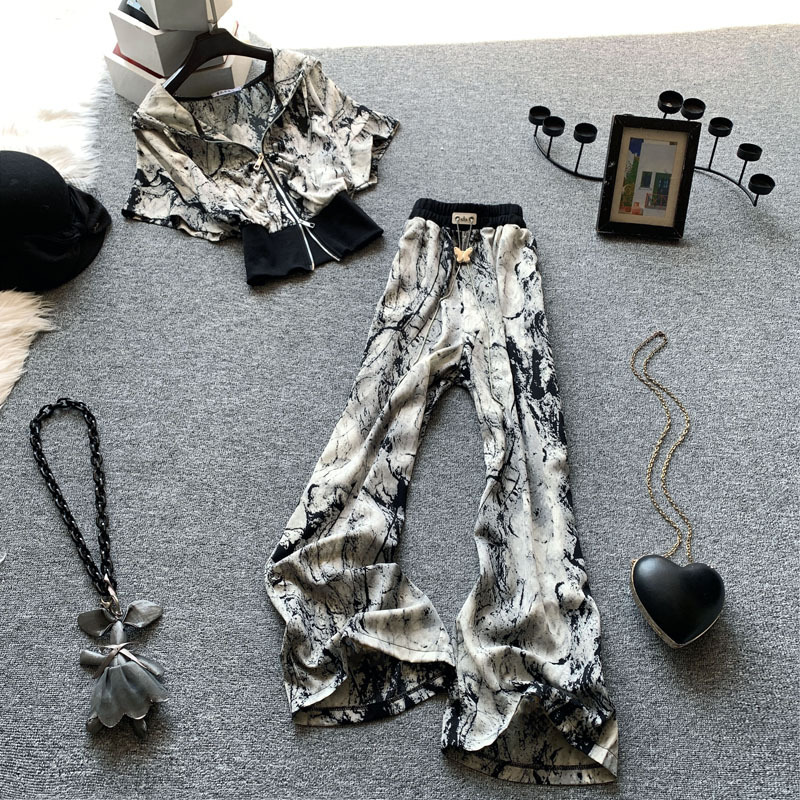 European Fashion Casual Sports Suit for Women, Summer Ink Tie-Dye Short-Sleeve Top, Ice Silk Wide-Leg Pants Two-Piece Set, Trendy