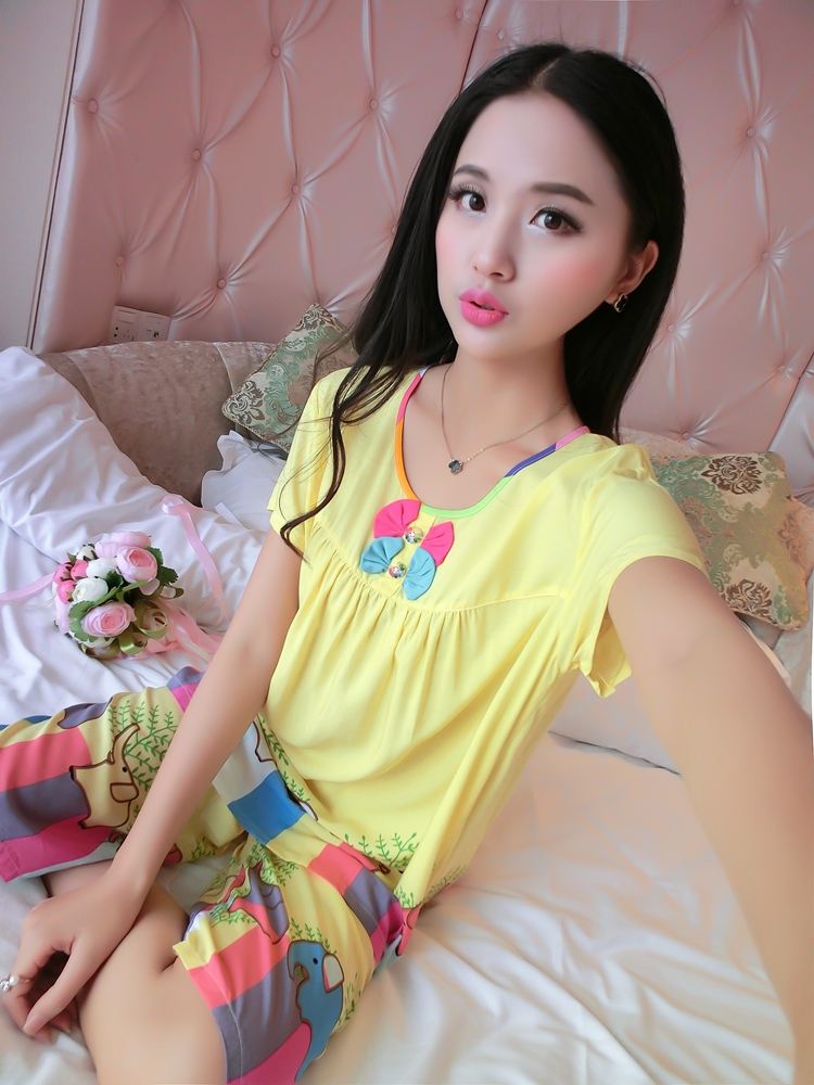 Mùa hè cotton ngắn tay kích thước lớn cotton lụa đồ ngủ cotton lụa ladies phù hợp với dễ thương giản dị nhân tạo cotton dịch vụ nhà