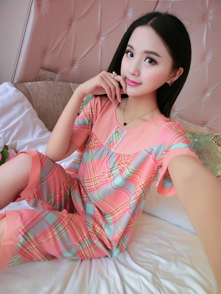 Mùa hè cotton ngắn tay kích thước lớn cotton lụa đồ ngủ cotton lụa ladies phù hợp với dễ thương giản dị nhân tạo cotton dịch vụ nhà