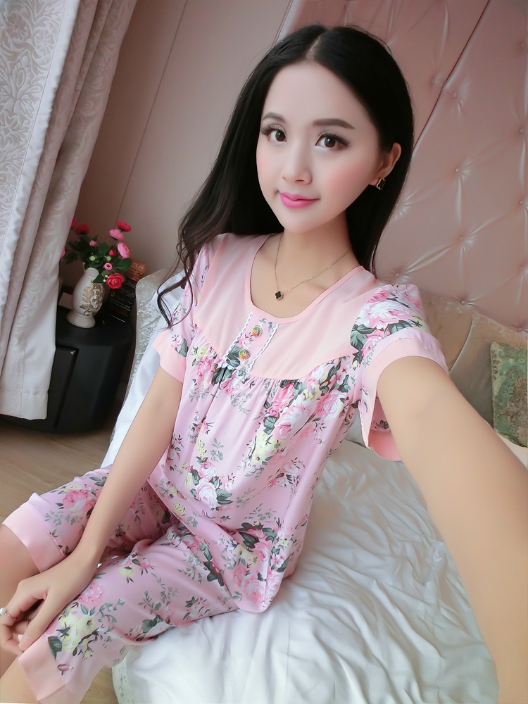 Mùa hè cotton ngắn tay kích thước lớn cotton lụa đồ ngủ cotton lụa ladies phù hợp với dễ thương giản dị nhân tạo cotton dịch vụ nhà