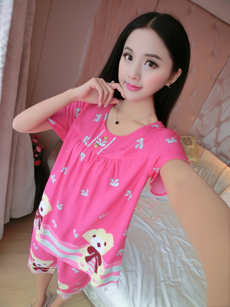 Mùa hè cotton ngắn tay kích thước lớn cotton lụa đồ ngủ cotton lụa ladies phù hợp với dễ thương giản dị nhân tạo cotton dịch vụ nhà