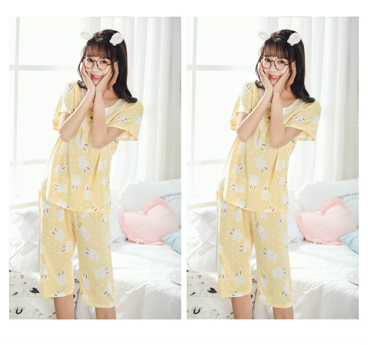 Mùa hè cotton ngắn tay kích thước lớn cotton lụa đồ ngủ cotton lụa ladies phù hợp với dễ thương giản dị nhân tạo cotton dịch vụ nhà