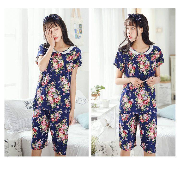 Mùa hè cotton ngắn tay kích thước lớn cotton lụa đồ ngủ cotton lụa ladies phù hợp với dễ thương giản dị nhân tạo cotton dịch vụ nhà