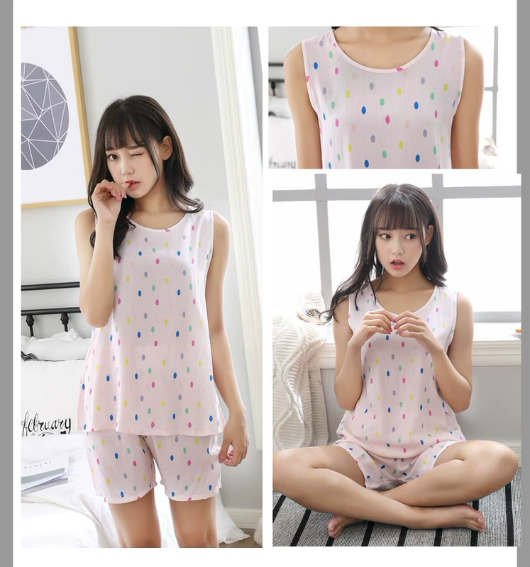 Mùa hè cotton lụa không tay quần short đồ ngủ của phụ nữ phù hợp với dễ thương rayon không tay vest dịch vụ nhà cotton có thể được đeo bên ngoài bộ pijama nam